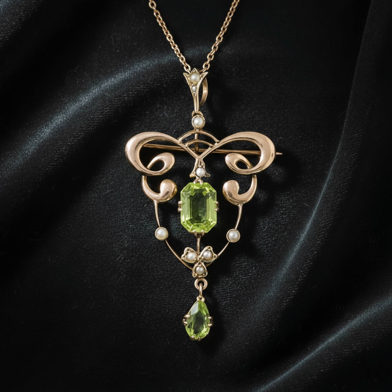 Antique Art Nouveau Seed Pearl Vintage Pendant/Brooch 925 Silver Emerald CZStone