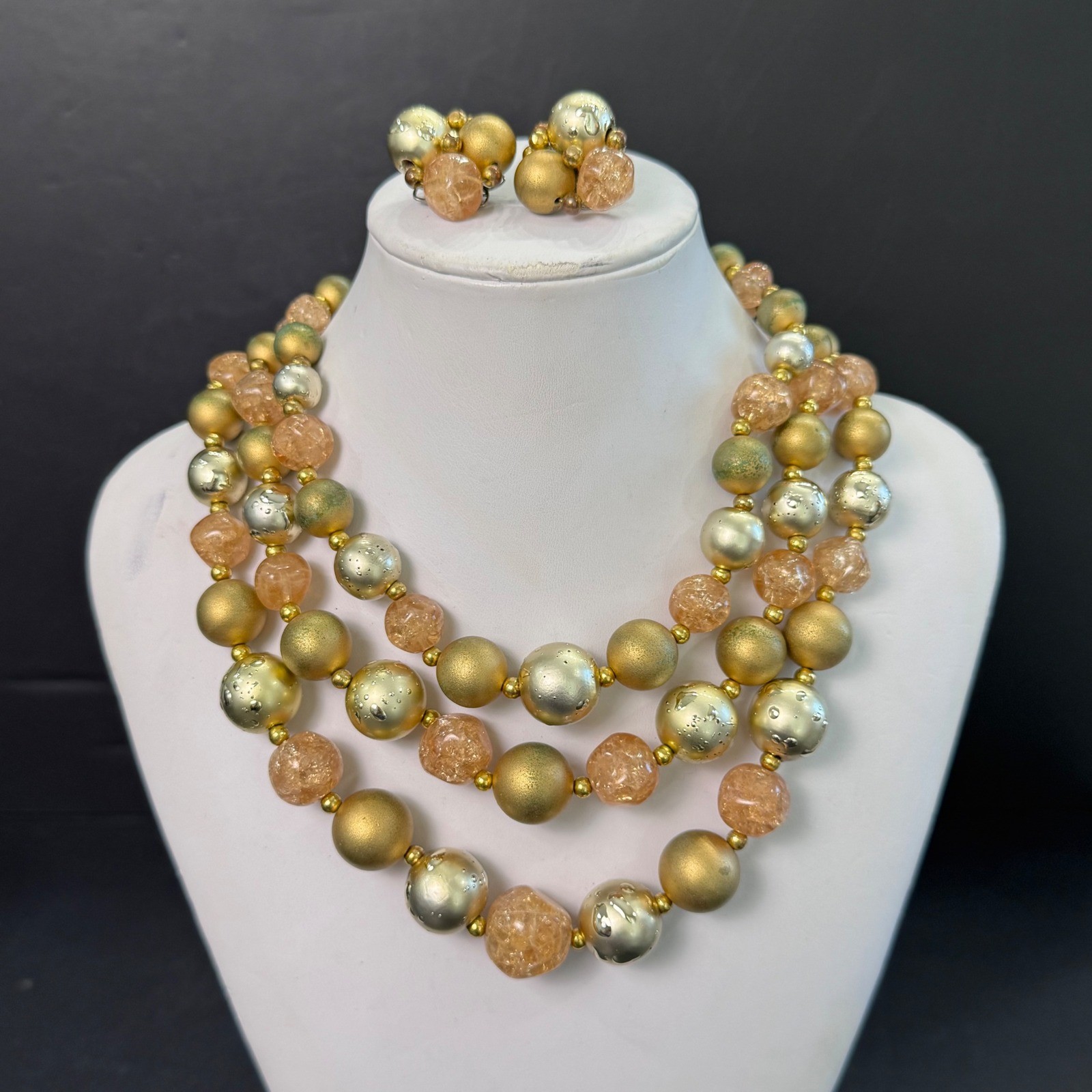 Vintage 3 Strand Danville Gold Peach Necklace & Clip On Earrings
