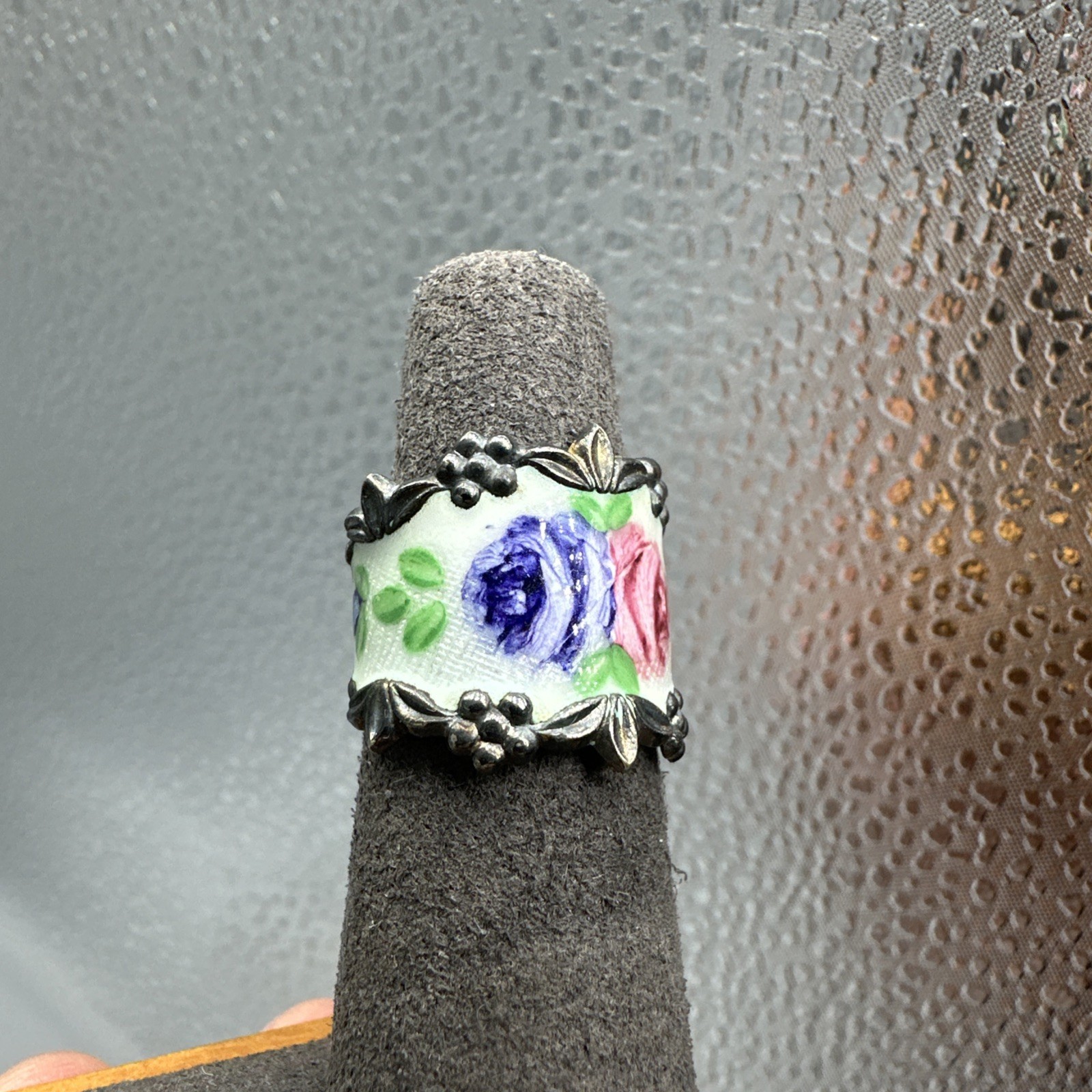 Vtg Vargas Sterling Silver Guilloche Enamel Painted Roses Flower Ring 7.1g Sz 5