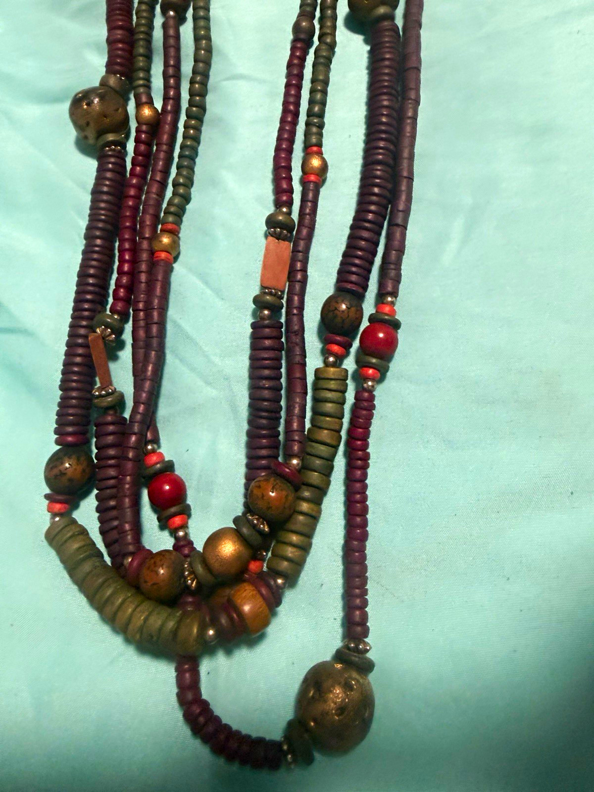Multi-Strand Wood Beaded Necklace Ball/Bead Chain Multicolor Hook Boho
