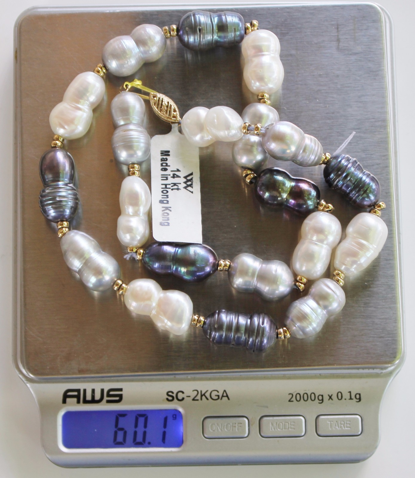 Huge 16 inch long ~ 11 x 18 mm Real Black Grey White Pearl Necklace ~ 14k Gold