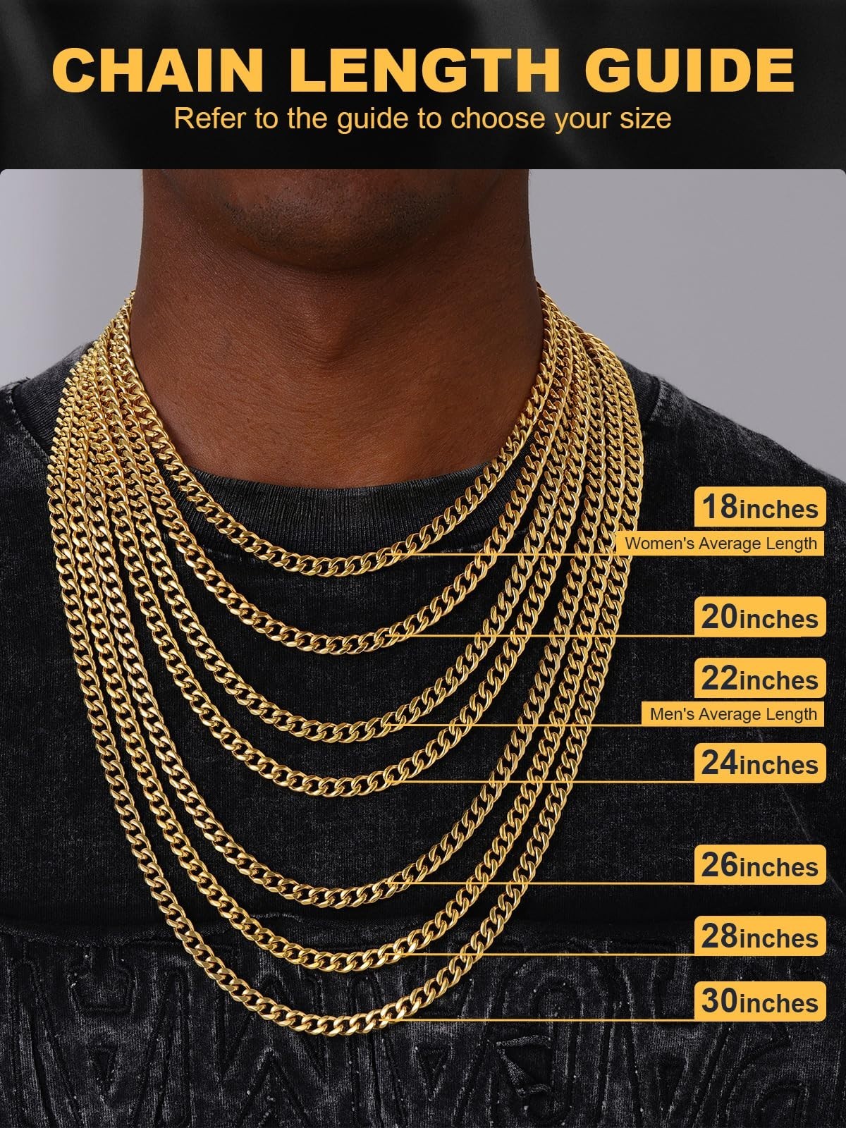 Chunky Cuban Link Chain Necklace, Stainless Steel Gold/Black, 14-30″ Curb Chain