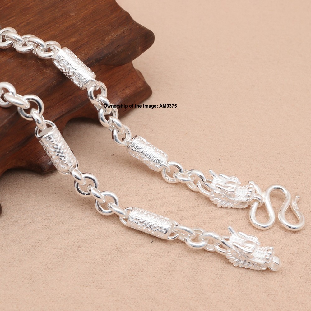 Real S999 Fine Silver Necklace 6.8mm Cloudy Tube and Rolo Link Chain Dragon Head