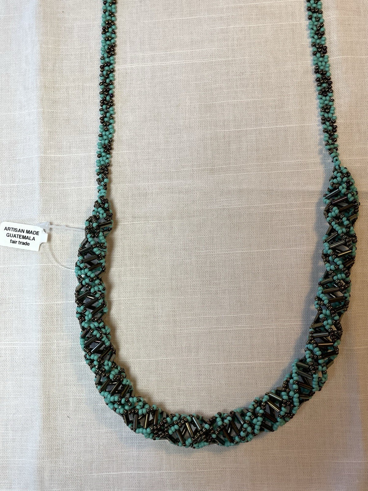 DNA Double Helix Necklace Handmade in Guatemala Czech Glass Beaded Turquoise 24”