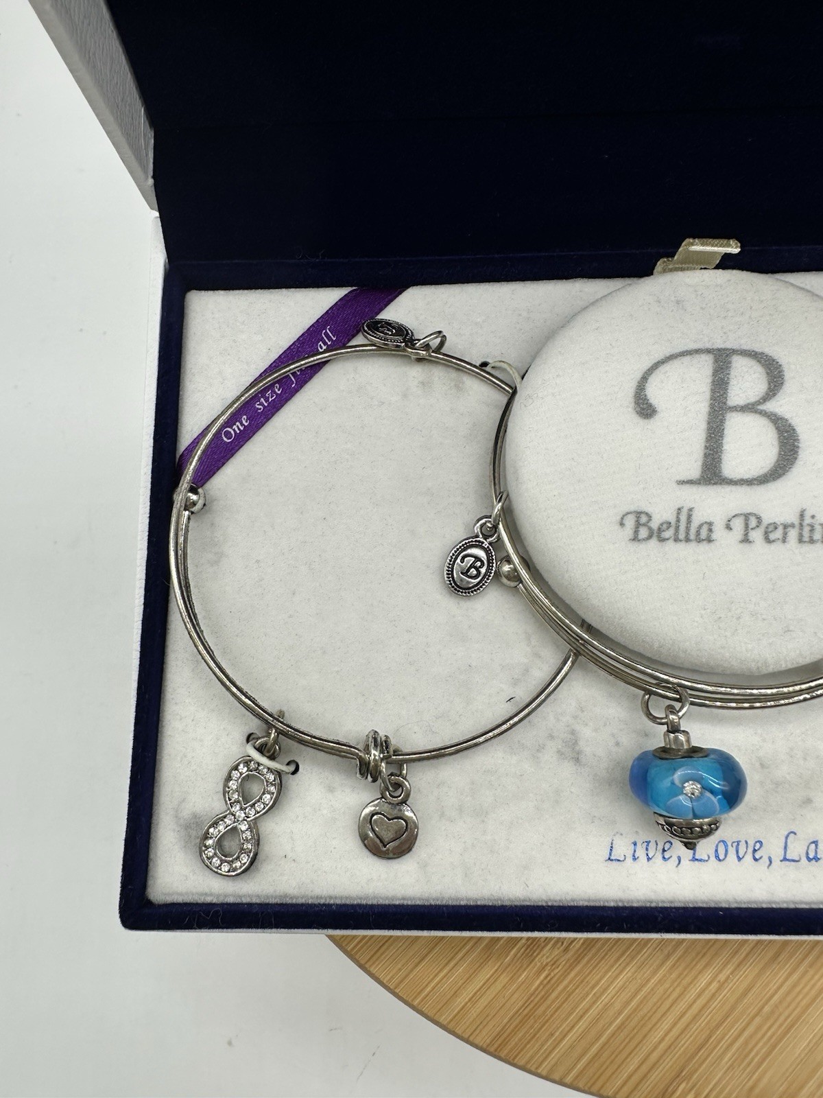 Bella Perlina 3 Piece Bracelet Set Live Laugh Love Silvertone Charms In Box READ