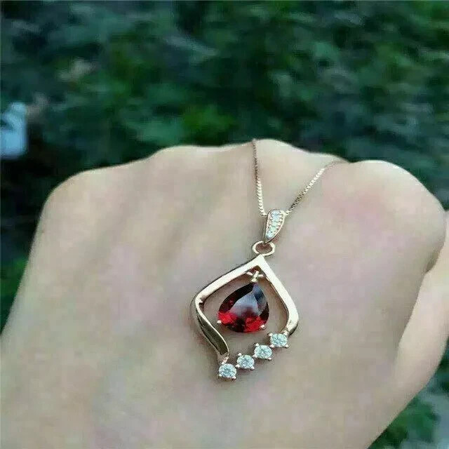 2Ct Pear Cut Red Garnet & Diamond Pendant 14k Yellow Gold Finish 18″ Free Chain