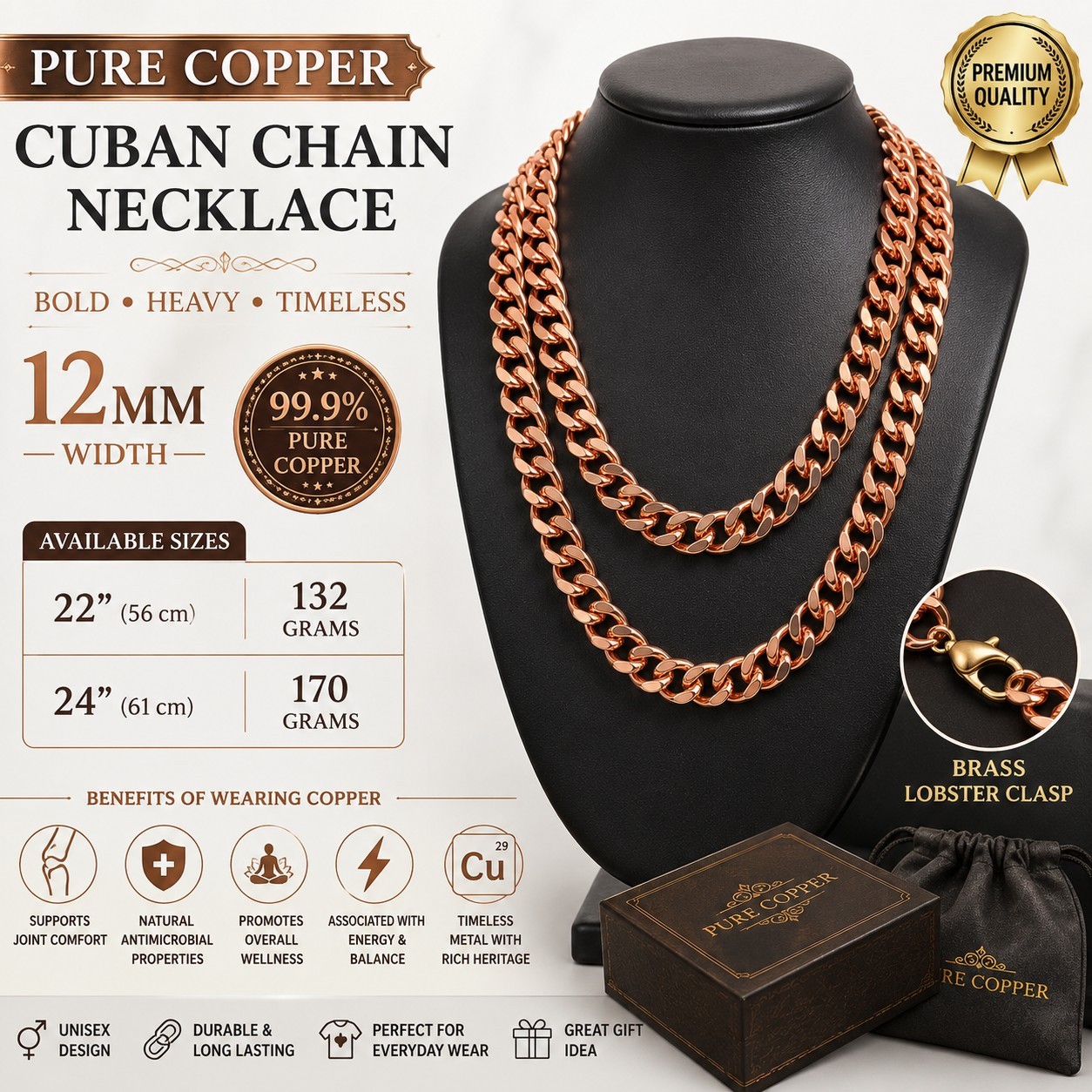 Pure Copper Cuban Chain Necklace – 12 mm Heavy Cuban Link Chain 22″-24″