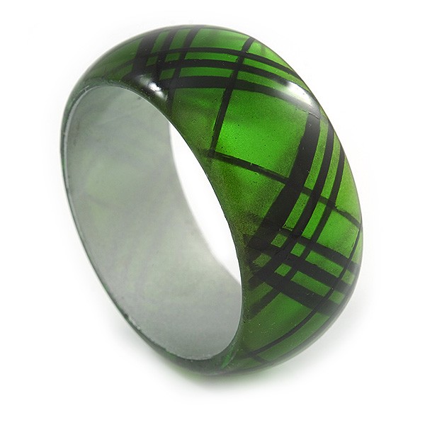 Tartan Pattern Acrylic Bangle Bracelet/ Green/ Black/ Medium -18cm Length