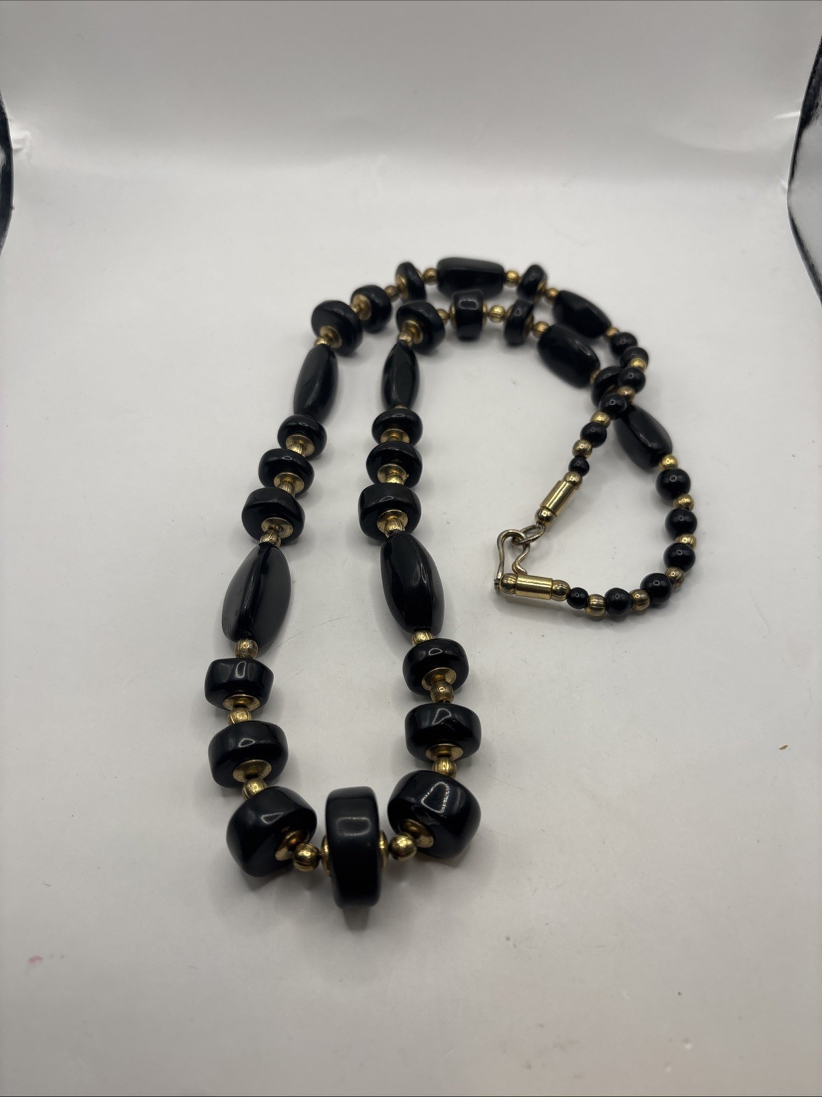 Vintage Black And Gold Toned Beaded Necklace Hook Clasp