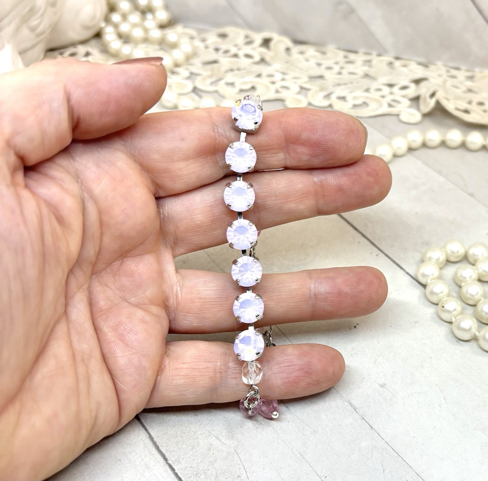 8mm Shiny Silver Plated Beaded Pink Opal Crystal Tennis Cup Chain Bracelet