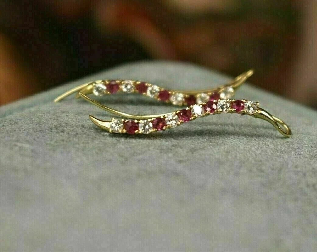 2Ct Round Simulated Ruby & Diamond Ear Cuff stud Earrings 14K Yellow Gold Plated