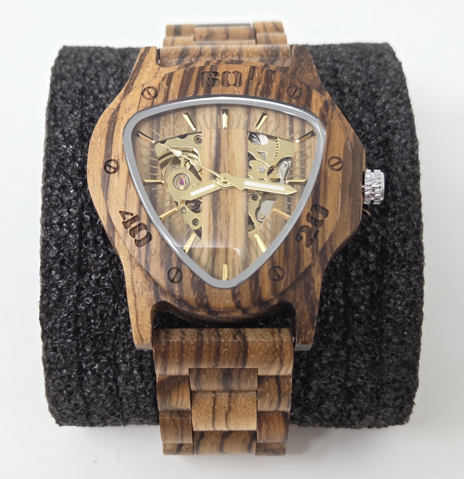 New Dentily Men’s Wooden Skeleton Automatic Mechanical Watch w/ Triangle Dial