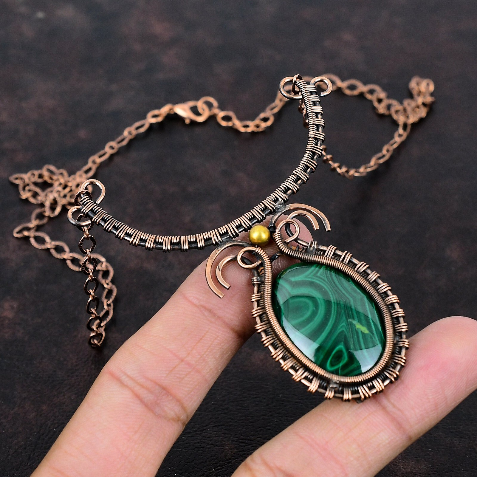 Russian Malachite Copper Love Gift Wire Wrapped Adjustable Necklace 18.0″