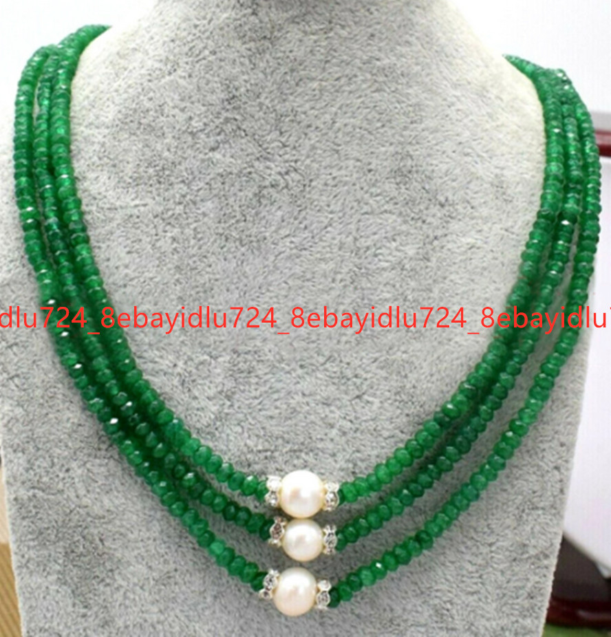 3 Rows Faceted 2x4mm Multicolor Gems & 8-9mm White Pearl Necklace 17-19 in