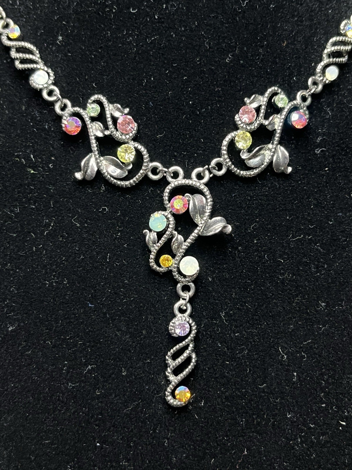 Vintage Styled Drop Necklace Signed BSI Multicolor AB Rinestones