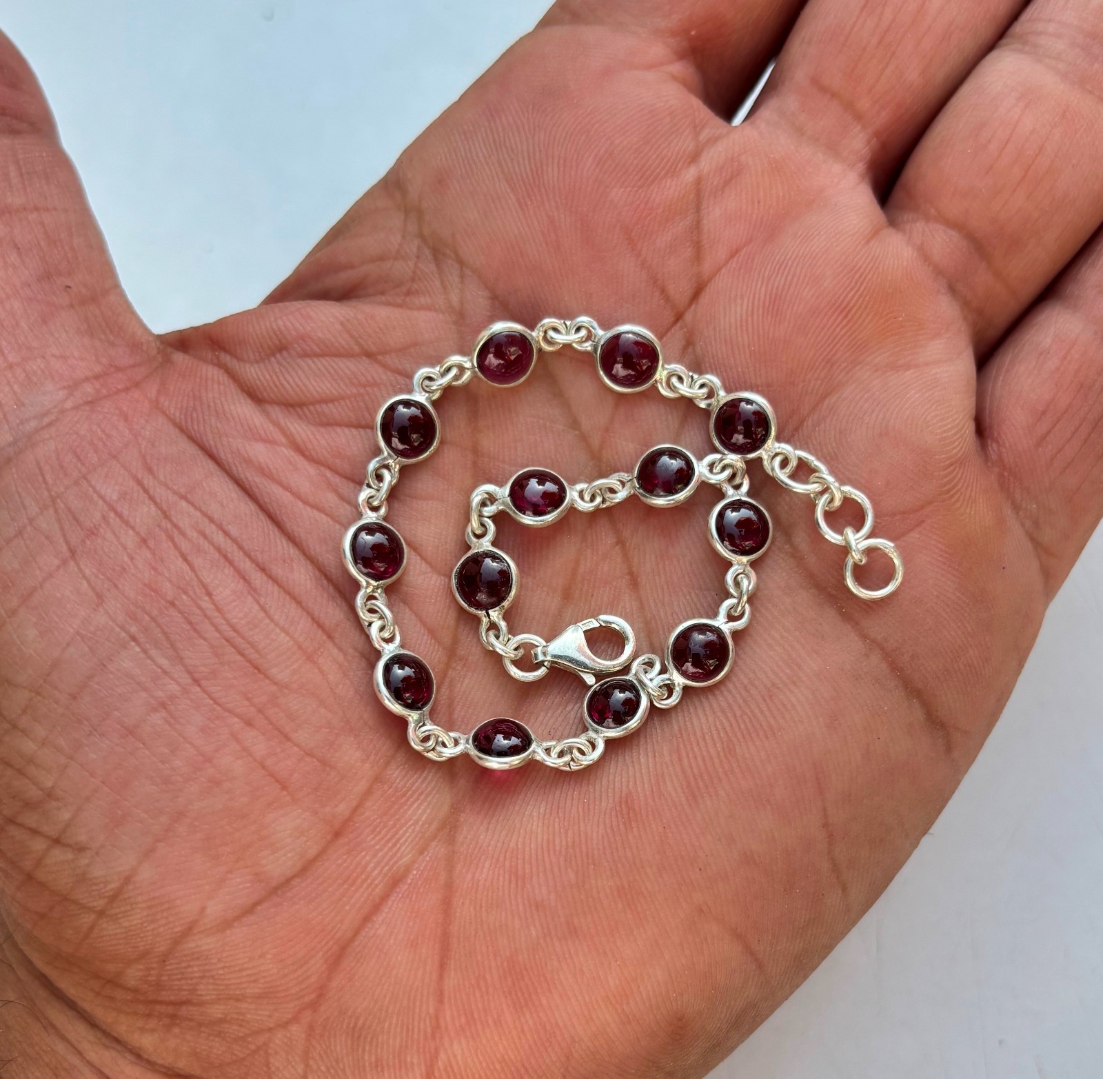 Natural Garnet Cabochon Bracelet 925 Sterling Silver Minimalist Jewelry 21 CM
