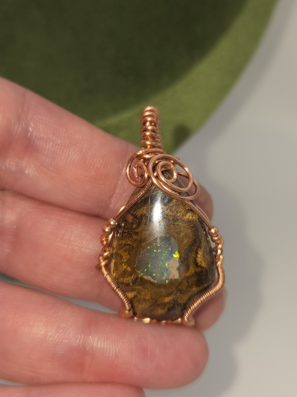 Handcrafted copper wire wrapped natural Boulder Opal necklace pendant