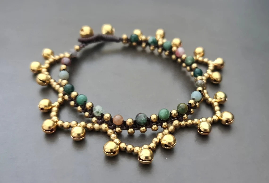 Bohemian Chandelier Bracelet Anklet Stone Brass 6 mm Bells Jingling Women , Gift