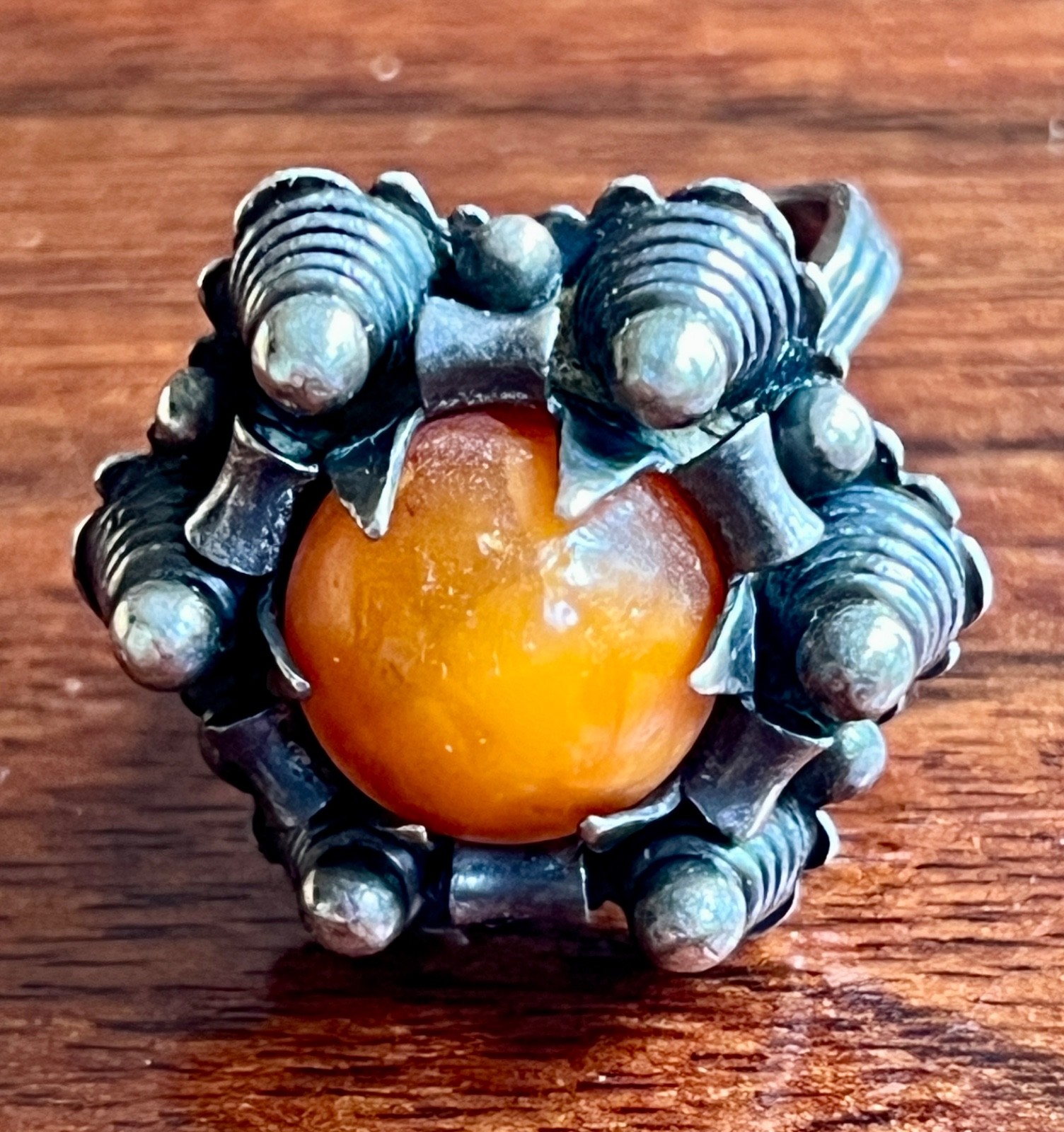 Antique Latvian Silver Amber Ring Unique Design Sz. 8