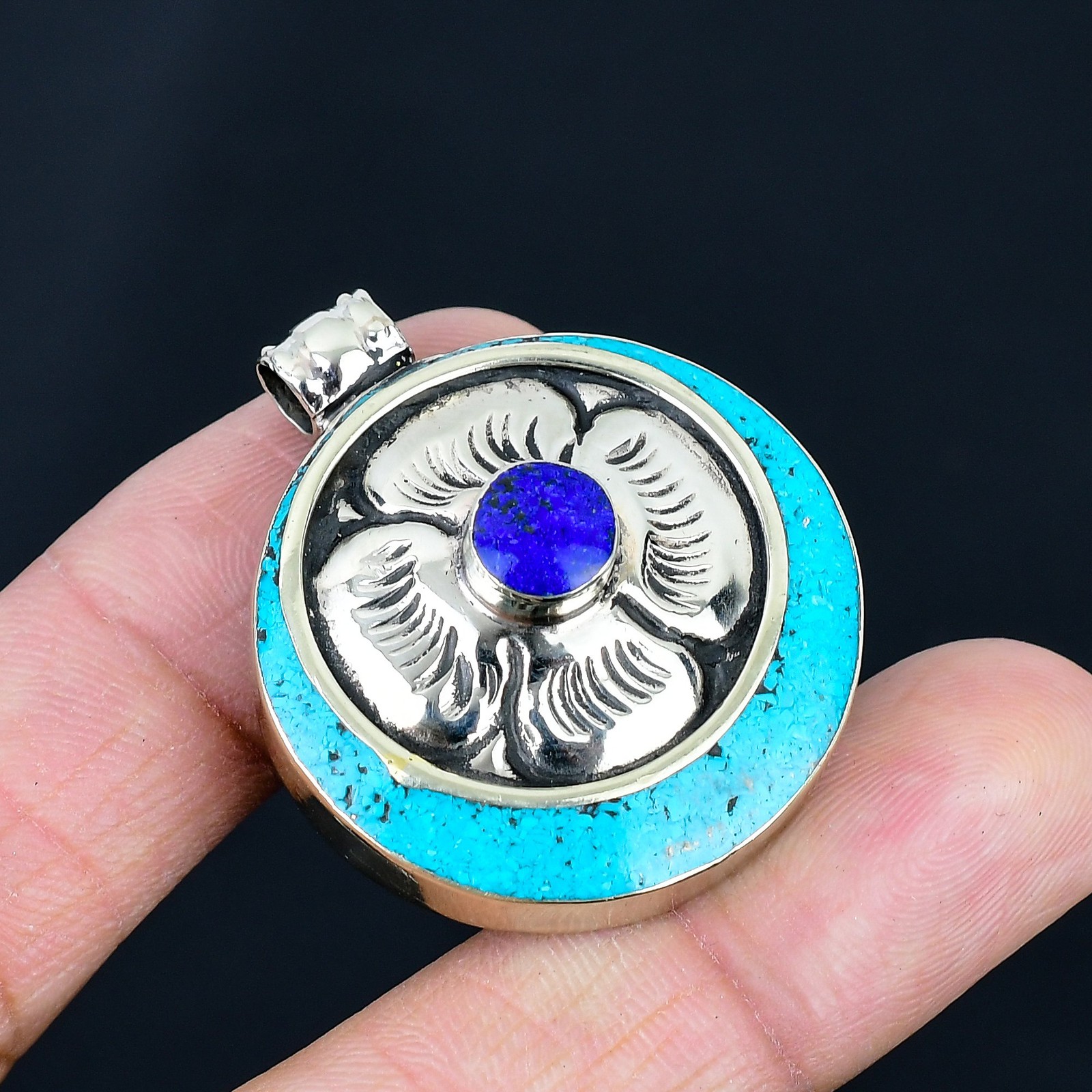 Lapis Lazuli Turquoise 925 Sterling Silver Handmade Nepali Pendant 1.7″ PG 2406