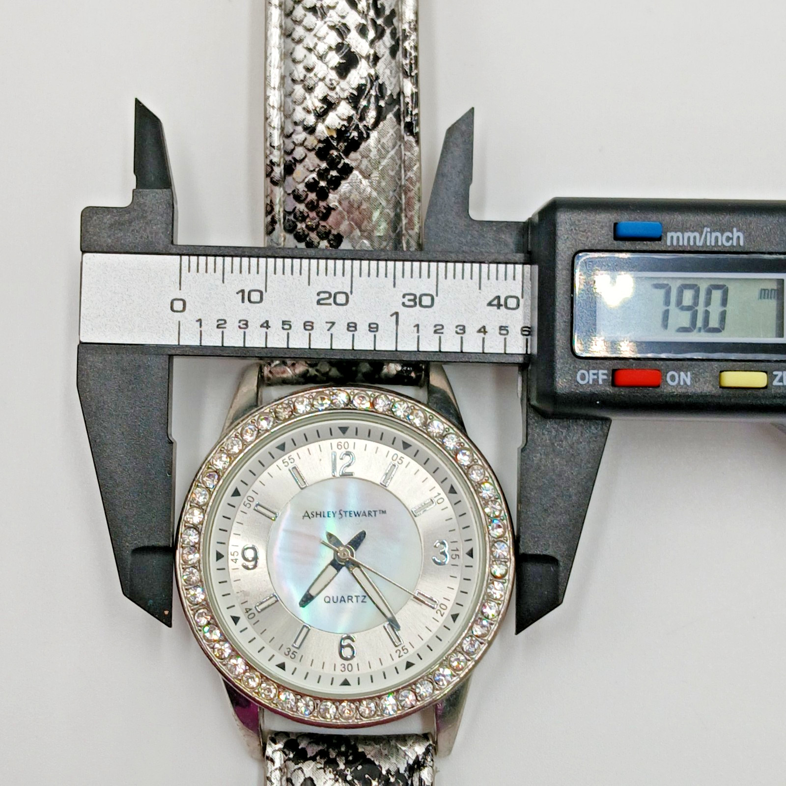 Ashley Stewart Watch Mother of Pearl Silver Tone Crystal Bezel Seconds Hand