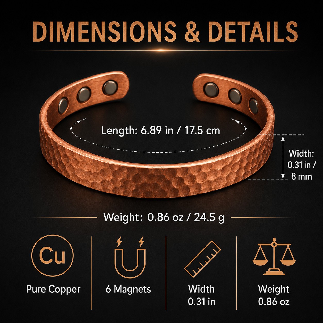 2Pcs Magnetic Copper Bracelet Set Pure Solid Copper 6 Magnets Adjustable Cuff