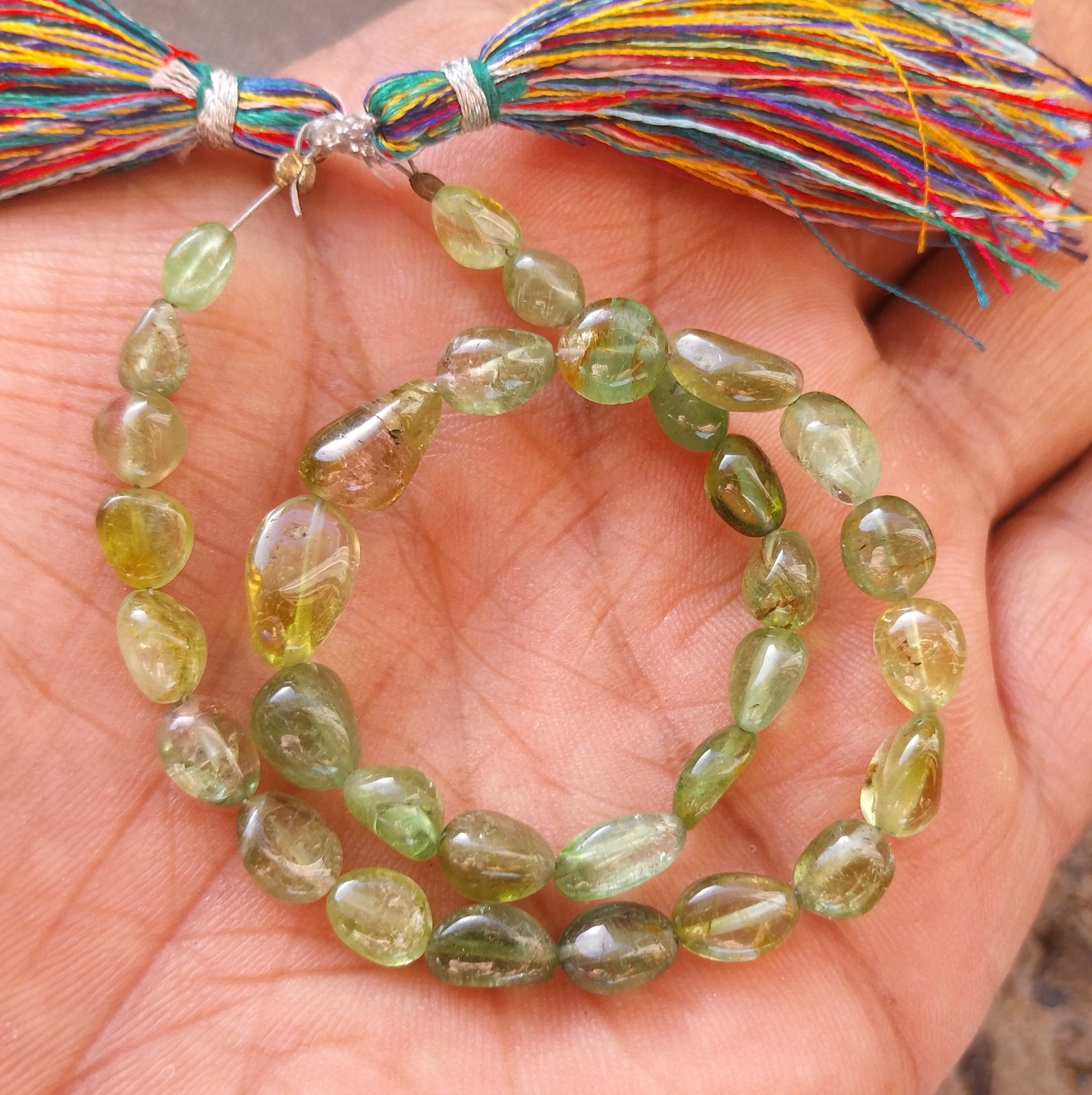 56 Carat 5×6 to 6.5×7 MM Natural Green Bi Color Tourmaline Tumble 10 Inch Beads