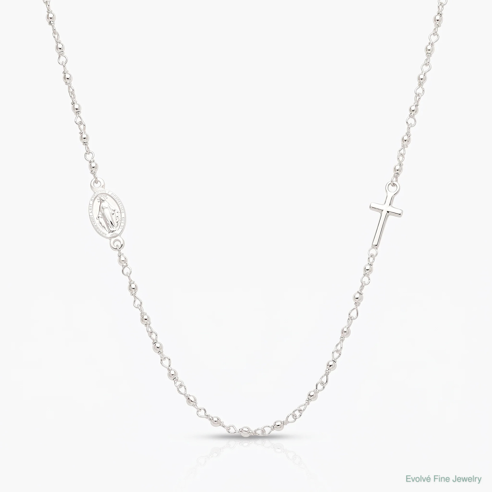 Sterling Silver Medal/Cross With 1.5in Ext. Rosary Necklace