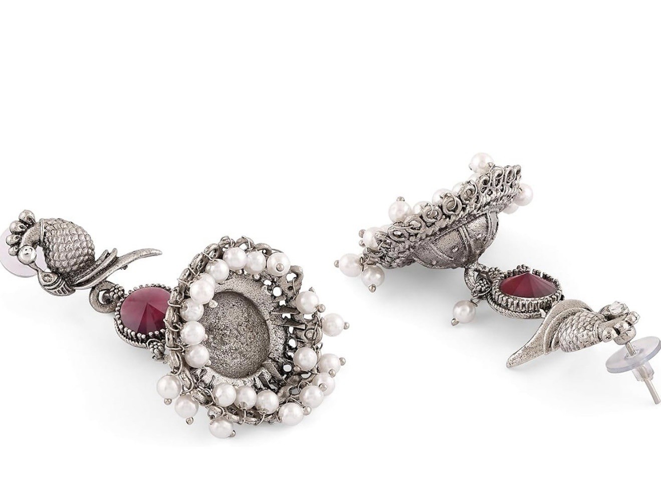 Ethnic Red Stone Dangle Drop Earrings Silver Tone Round Beads 6.6cm