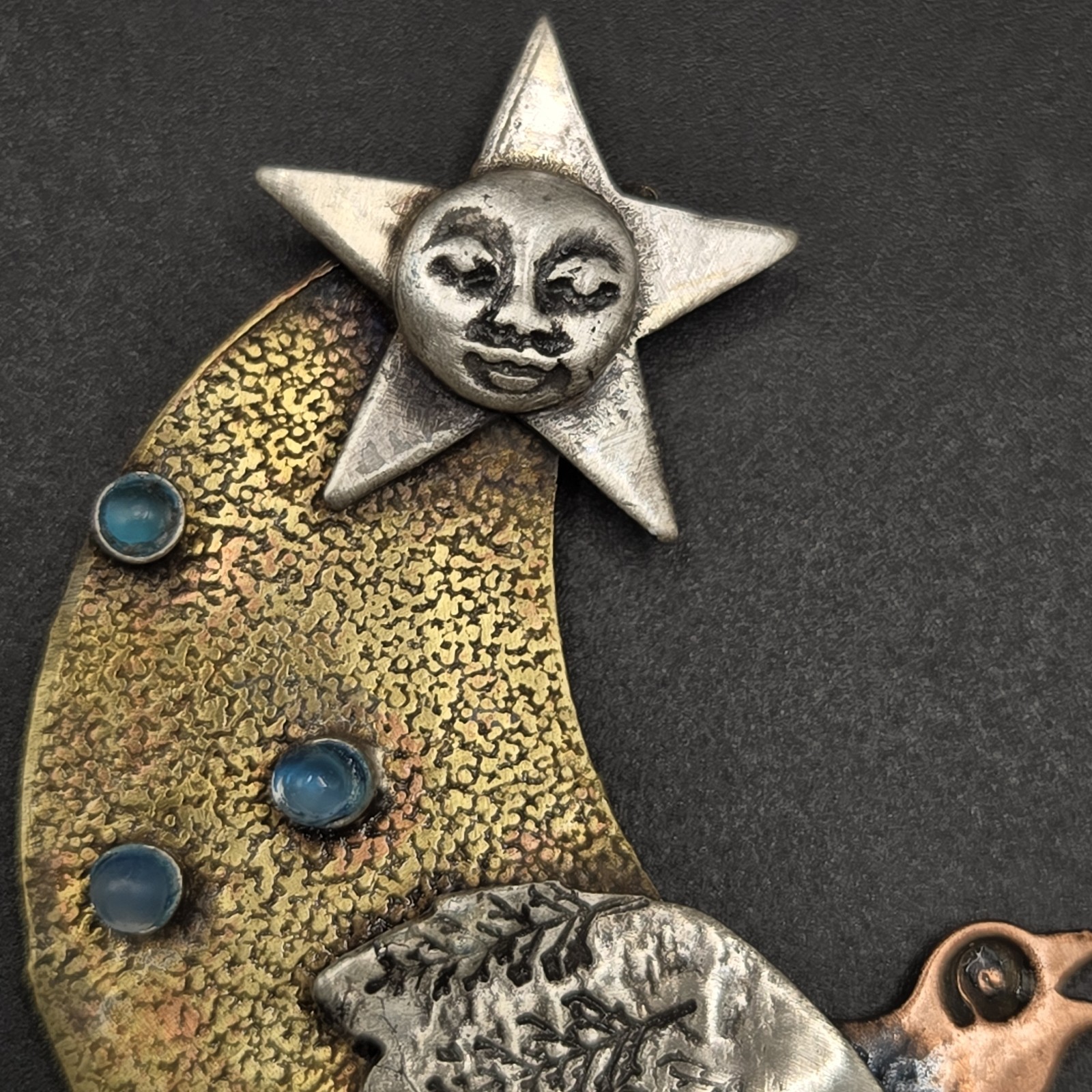 Eclectic Handmade Gold & Silver Tone Moon, Bird and Sun Pendant