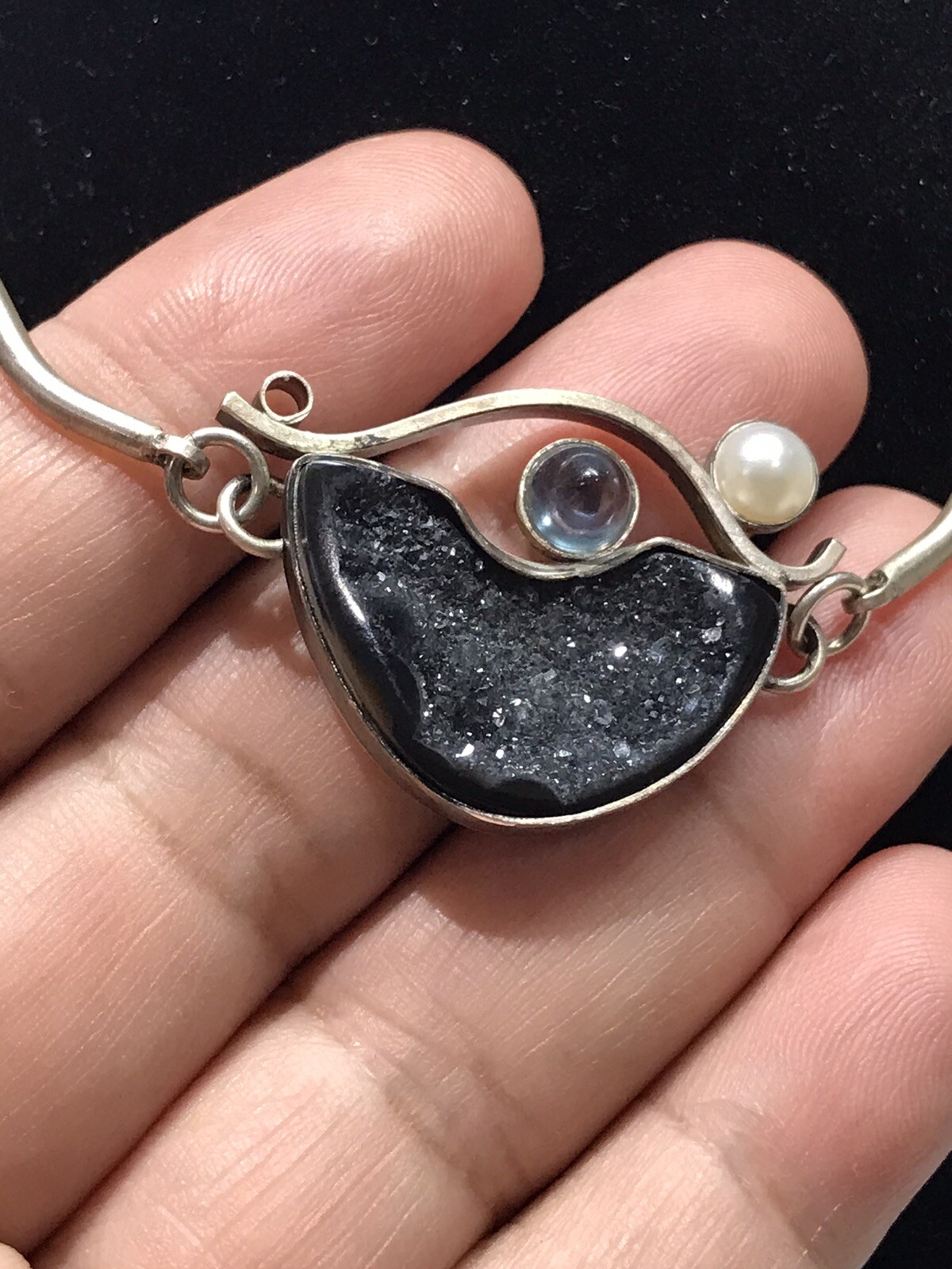 sterling silver brutalist modernist druzy blue eye necklace 17” Not Stamped