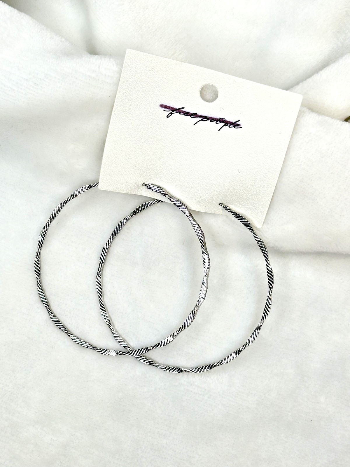 NEW Free People Hoop Earrings Large Textured Lightweight Silver Tone Twisted