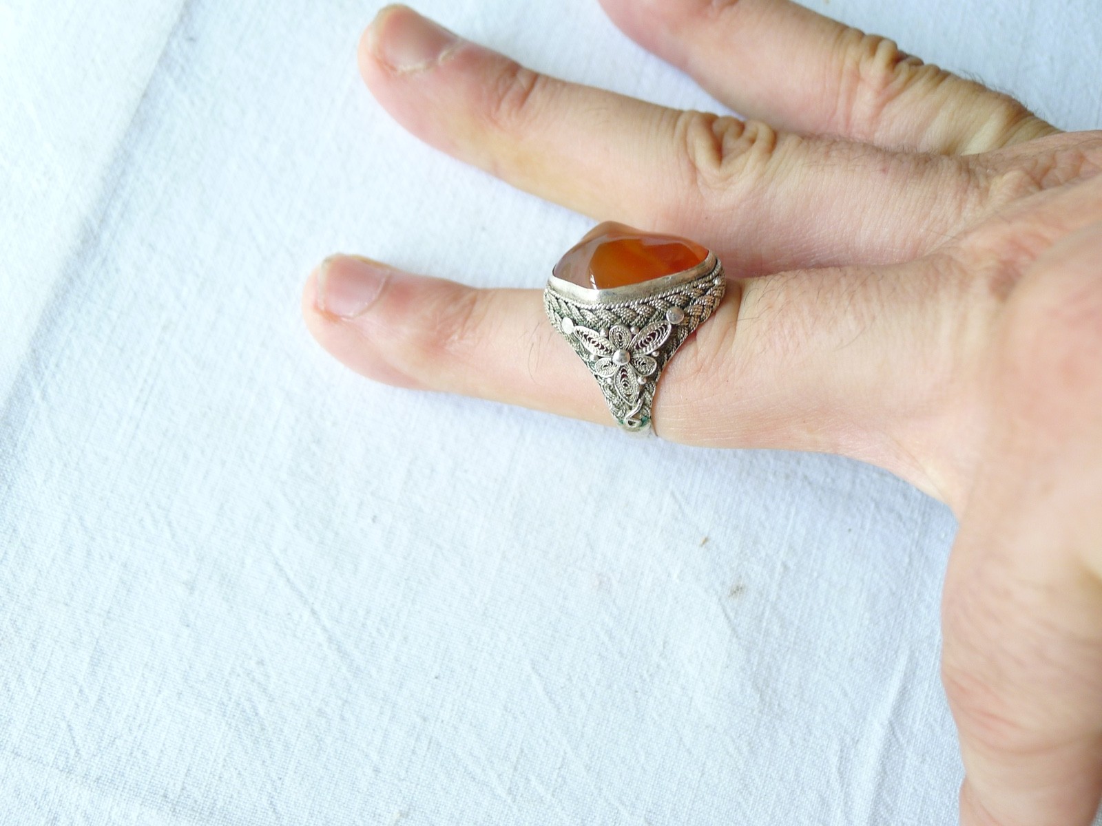 OLD CHINESE RING FILIGREE SILVER HARD STONE CHINA EXPORT VINTAGE CHINA