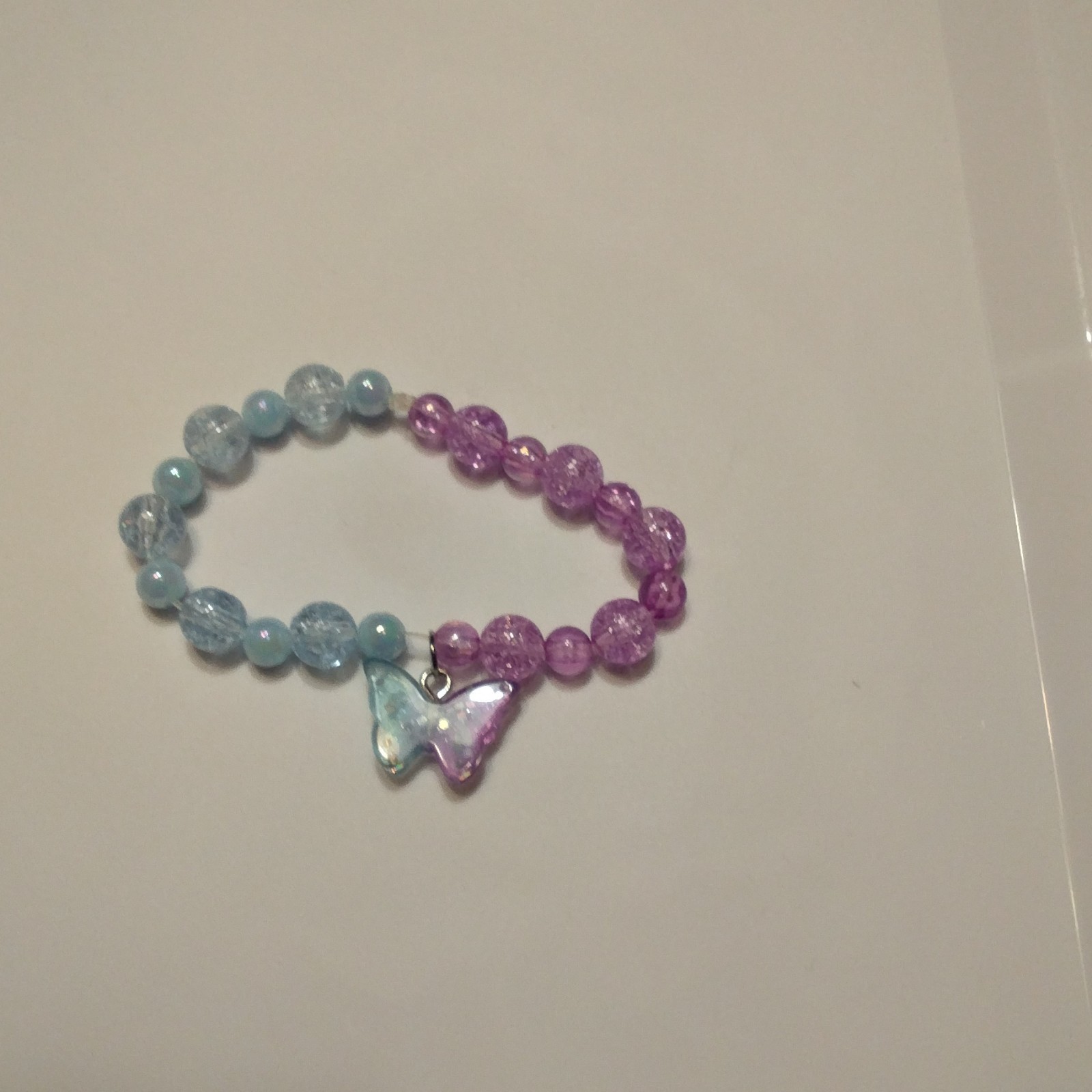 Blue Purple Beaded Stretch Bracelet, No Clasp, Butterfly Dangle Charm, Plastic