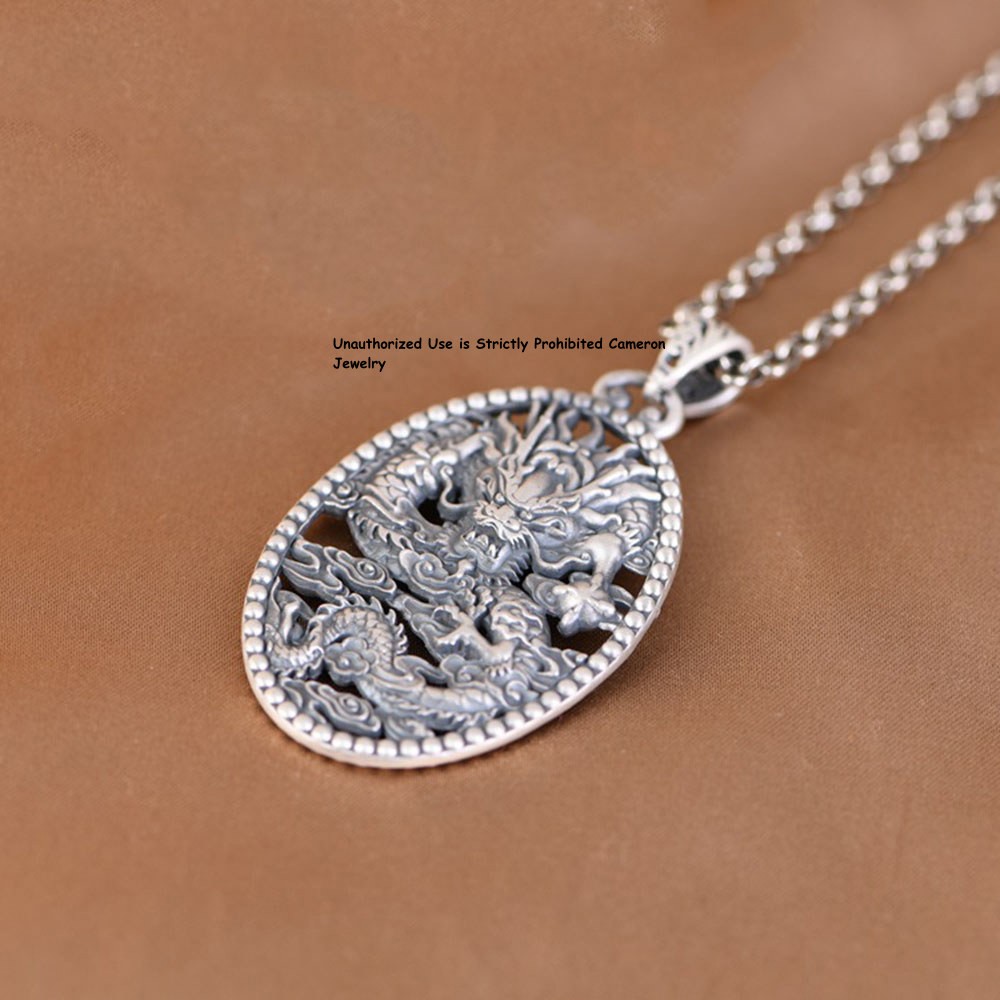 Pure S999 Fine Silver 999 Men Women Lucky Cloud Dragon Pendant 25-26g 56*31mm