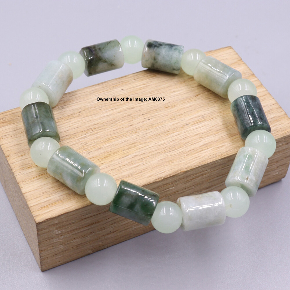 Natural Grade A Jade Jadeite Tube and Round Bead Bracelet Fit 6.3inch Wrist