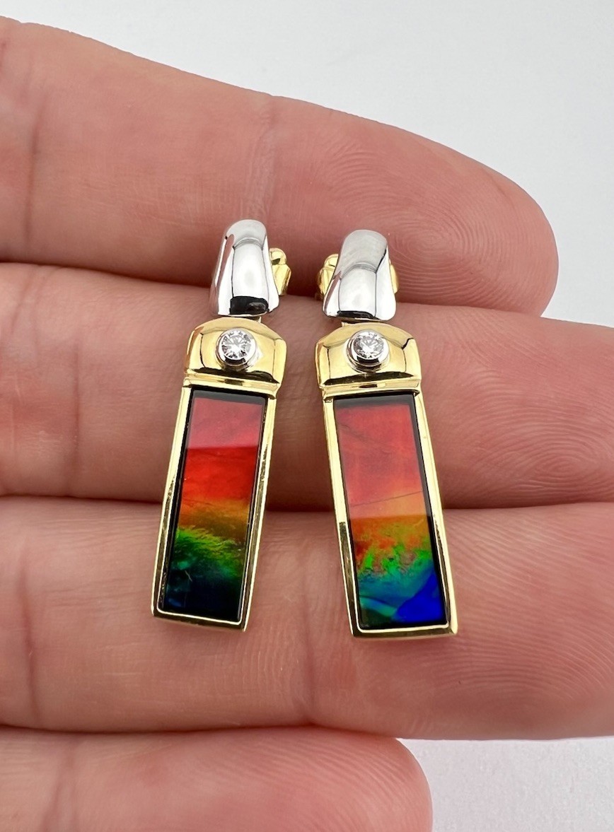 Designer Korite 18K Yellow & White Gold AA Ammolite & Diamond Long Post Earrings