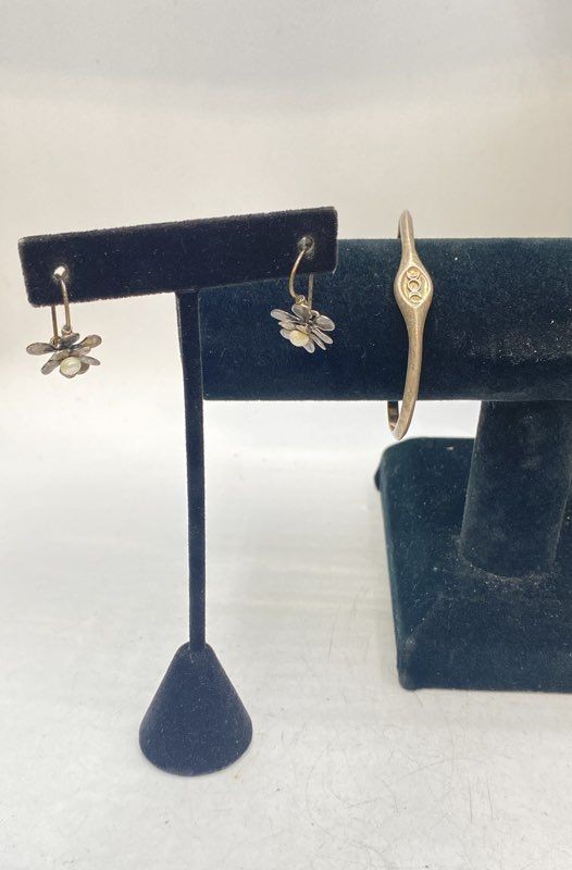 Sterling Silver 925 DVB Triple Moon Cuff & Pearl Flower Earrings Jewelry Set