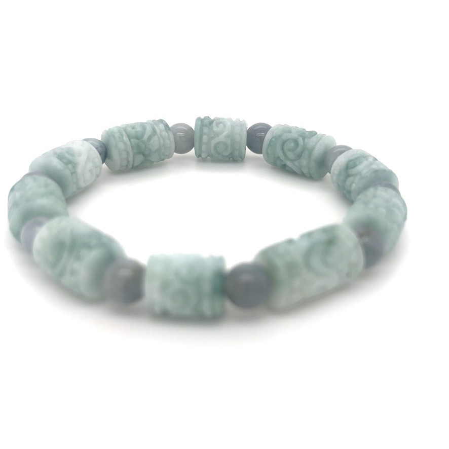 Green Hand Carved Jadeite Barrel Adjustable Bracelet Type A with 翡翠缅紫绿