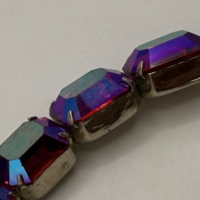 Signed Weiss AB Crystal Bracelet | Purple Pink Emerald Cut Rhinestones