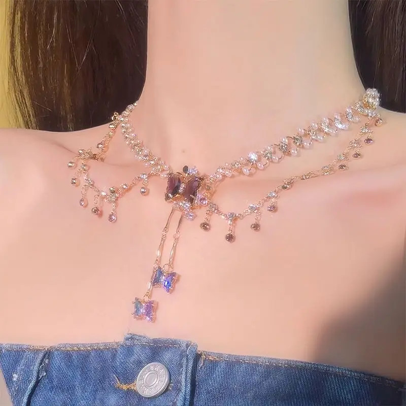 Multi-layer Copper Alloy Simulation Crystal Necklace Women Hanfu Collarbone Girl