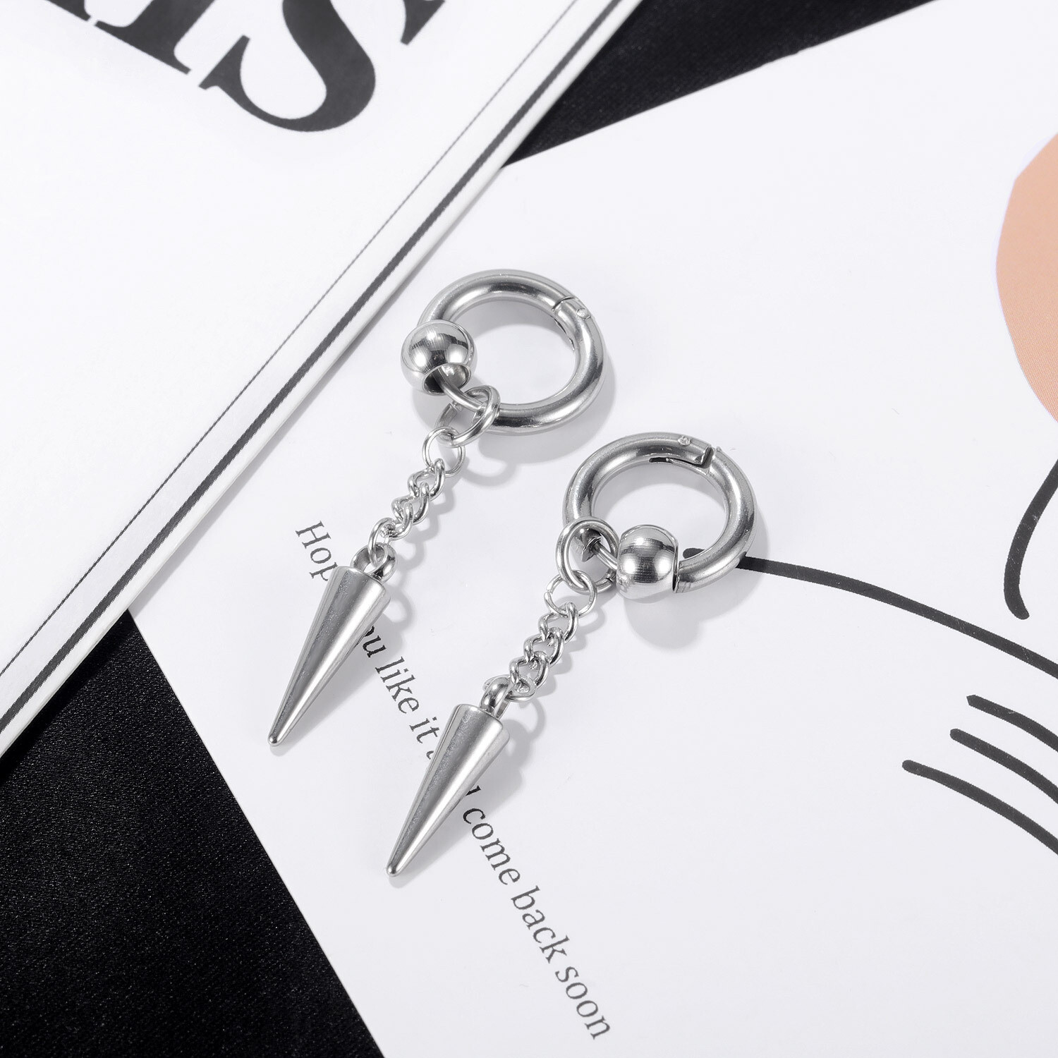 Man Woman Stainless Steel Bead Spike Cone Taper Stud Earring Drop Tassel 2 PCS