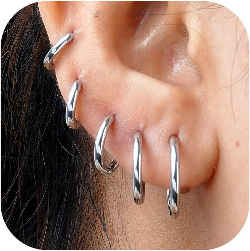 Silver Huggie Hoop Earrings Set for Women Stackable | Non Tarnish, Nickel Free f