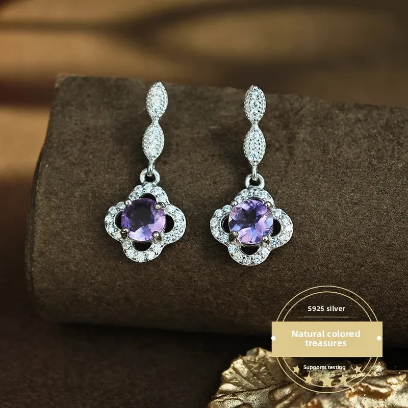 925 silver amethyst four leaf clover zircon stud dangle earrings 1″