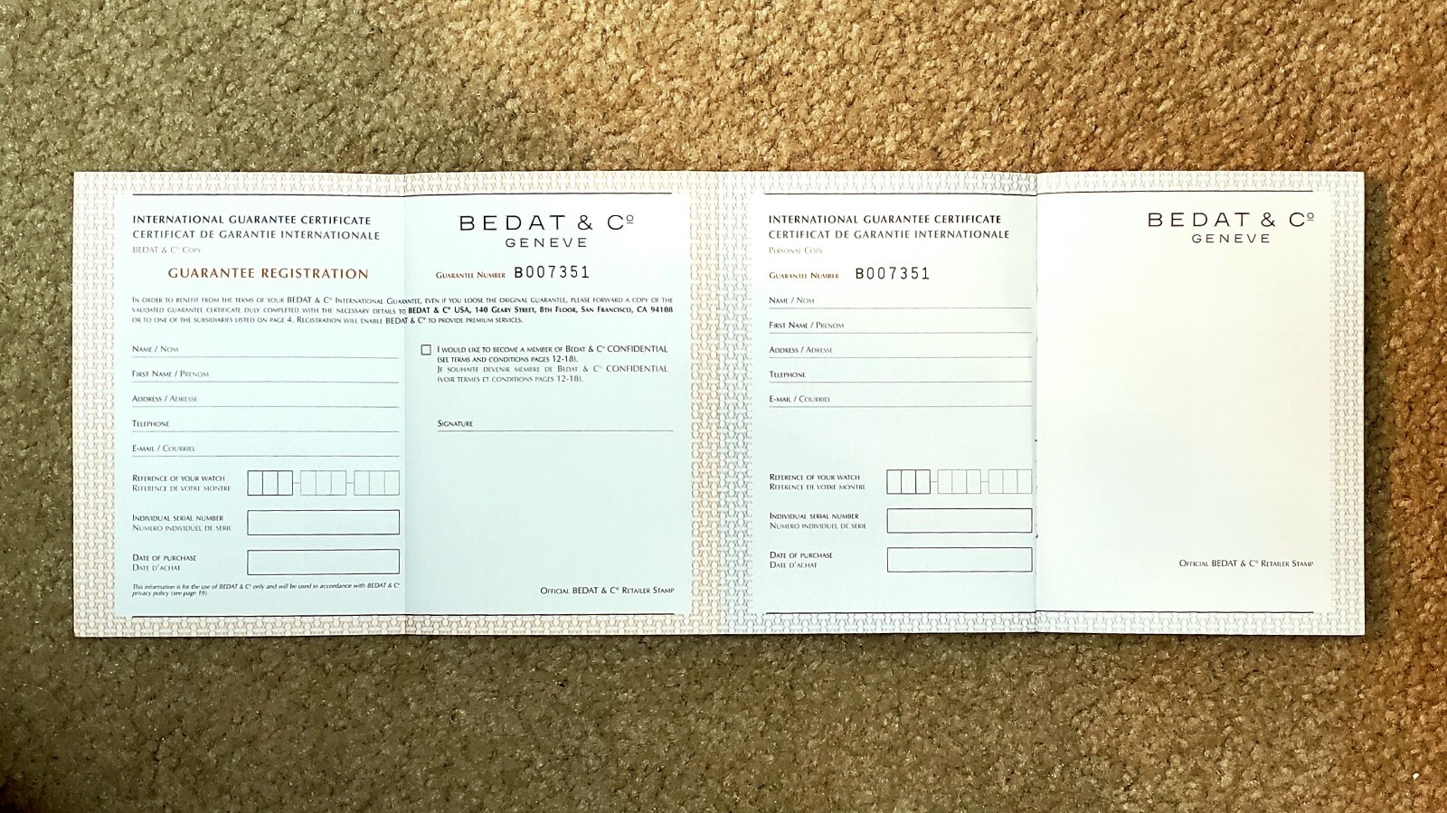 Authentic BEDAT & CO – Blank Unused Watch 5 Year Warranty/Guarantee Certificate