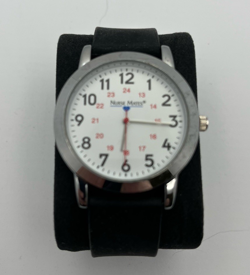 Nurse Mates Wrist Watch Silver W/Black Band, Not Tested & Needs Battery.