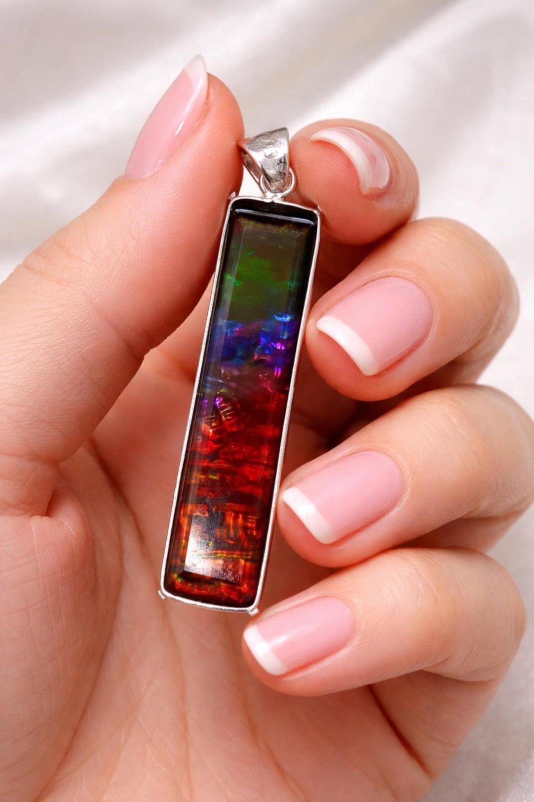 Certified 105 Ct Natural Ammolite 925 Silver Emerald Cut Pendant Loose Gemstone