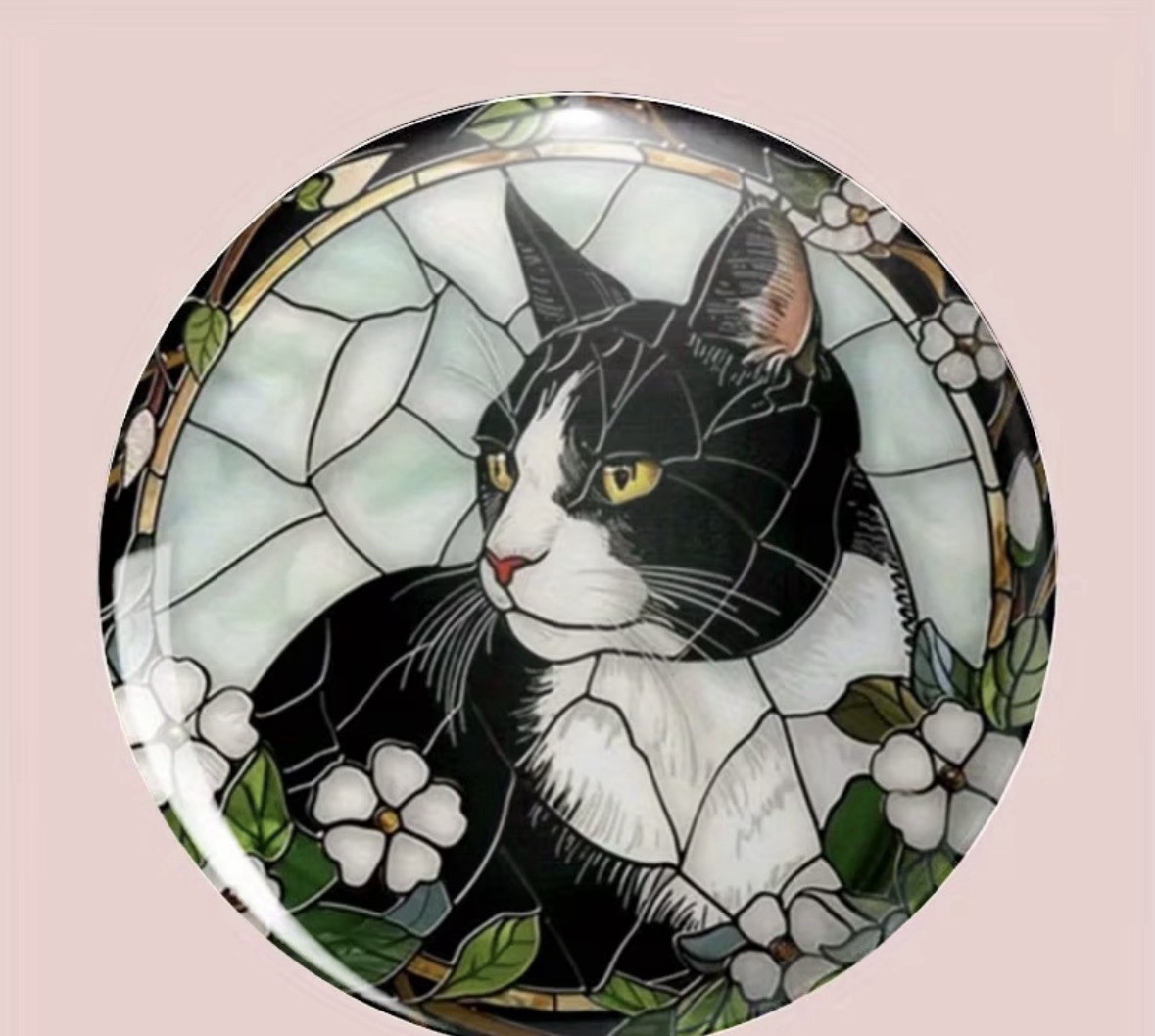 Black and White Cat On Staind Glassed PinBack Lapel Button Glass Brooch