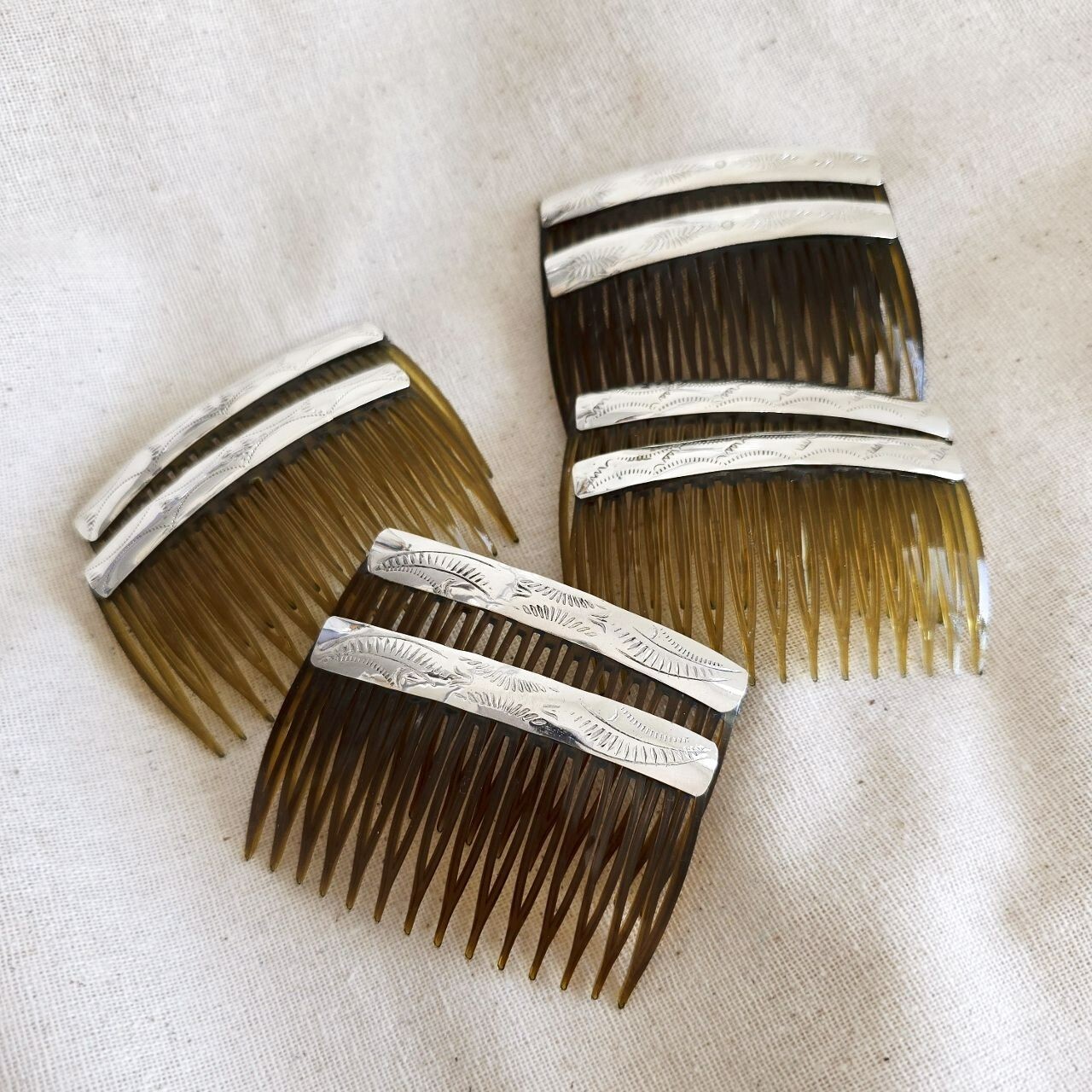 Pair of Native American Navajo Shiny Patterned Sterling Silver 2.75″ Hair Combs
