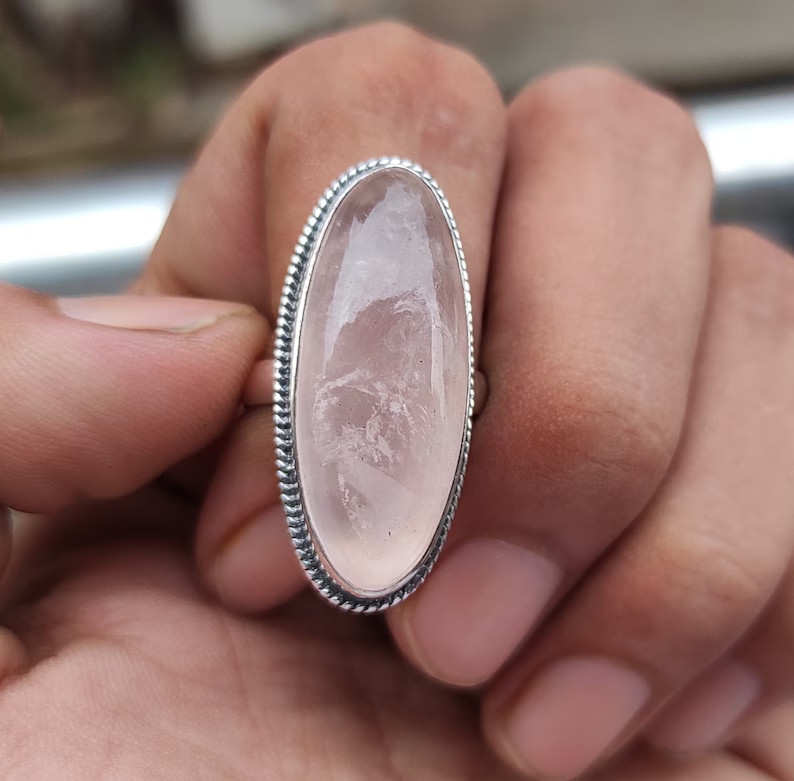 Rose Quartz Ring 925 Sterling Silver Band& Statement Handmade Ring All Size
